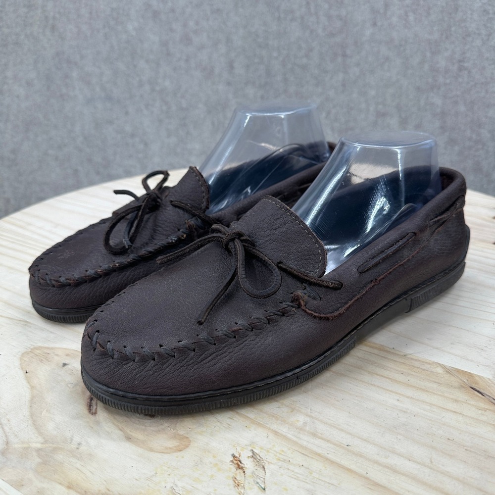 Minnetonka Moccasin Men 10 Brown Moosehide Leather Whipstitch Loafers